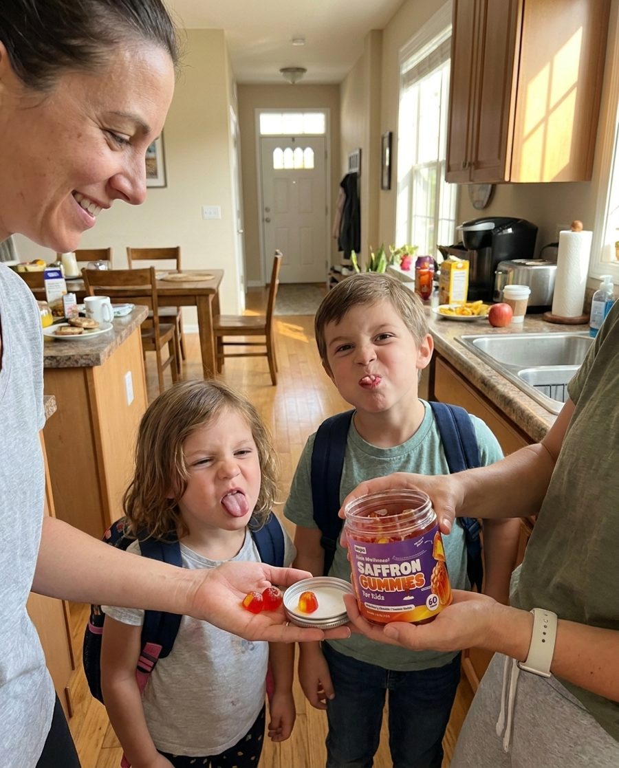 Mom giving kids Aviyra gummies